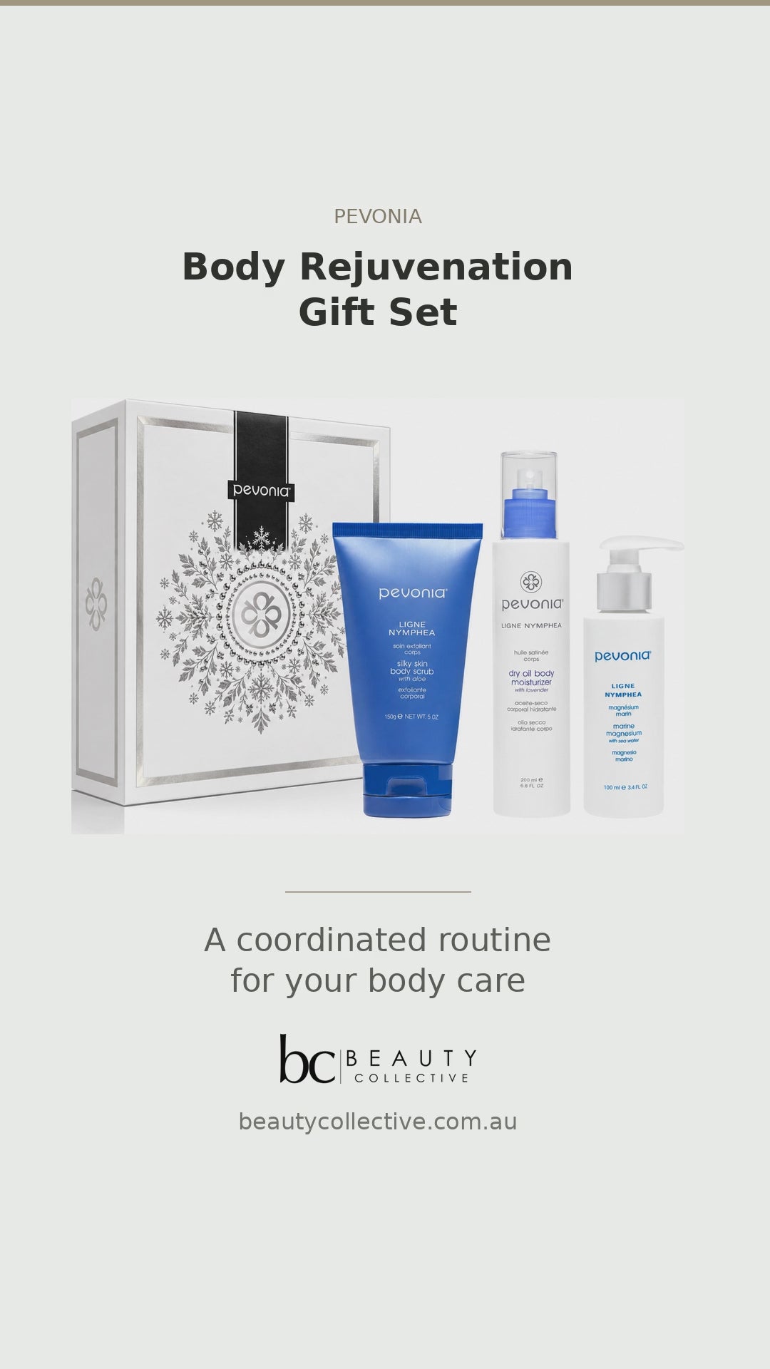 Pevonia Body Rejuvenation Gift Set reel for salon stockists, featuring body scrub, dry oil moisturiser, free Marine Magnesium and gift box, with a box-opening demonstration.