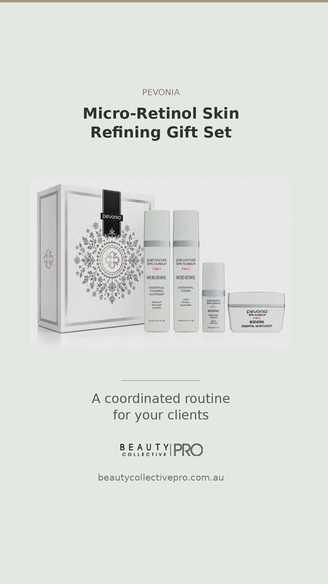 Pevonia Micro-Retinol Skin Refining Gift Set video showing the serum, moisturiser and box opening, with full-size cleanser, toner and luxury gift box included free.