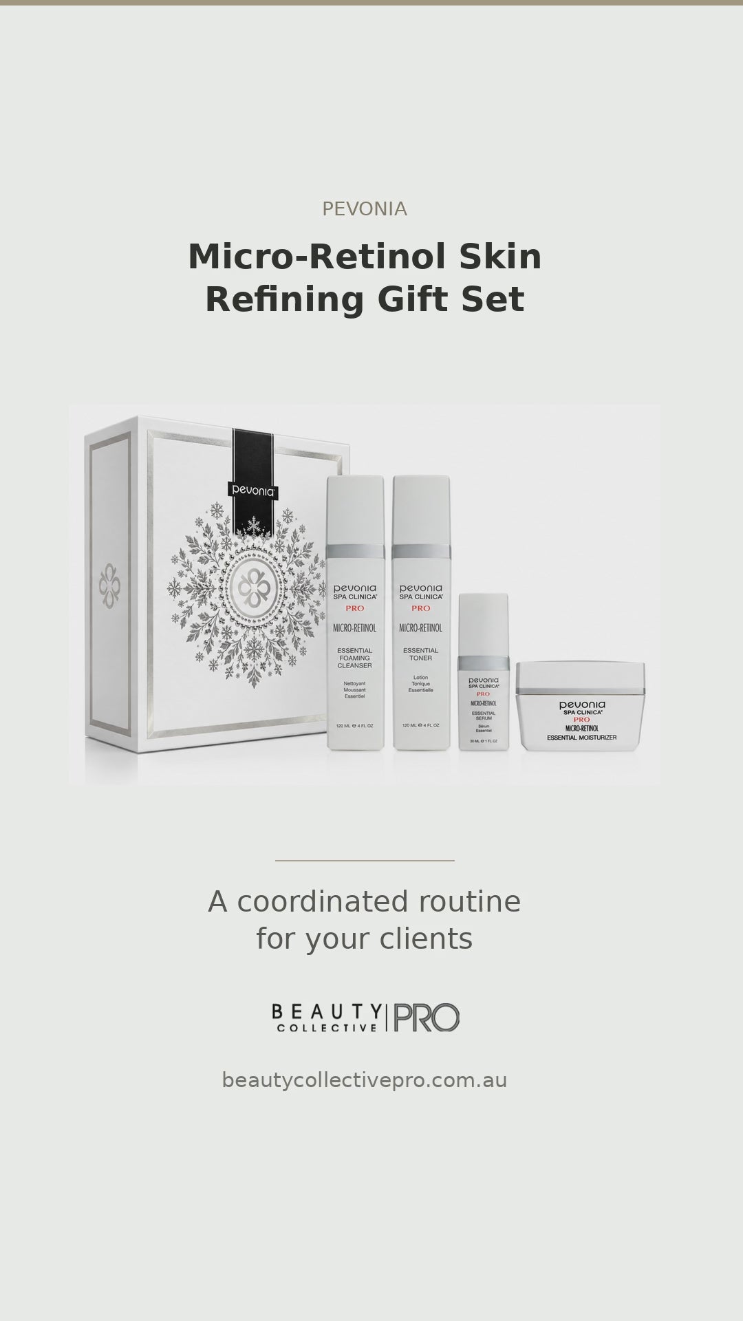 Pevonia Micro-Retinol Skin Refining Gift Set video showing the serum, moisturiser and box opening, with full-size cleanser, toner and luxury gift box included free.