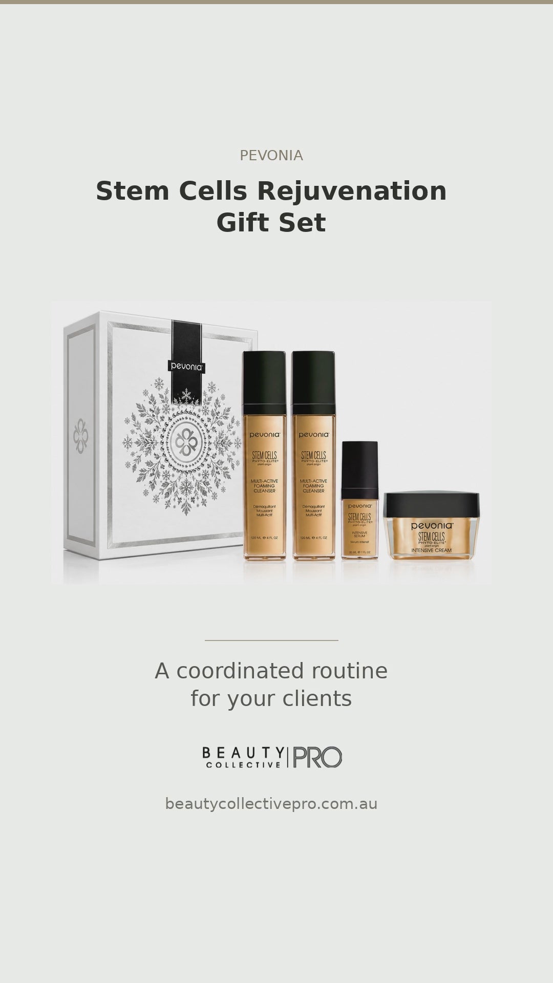Pevonia Stem Cells Rejuvenation Gift Set box opening, revealing two foaming cleansers, an intensive serum and an intensive cream in gold packaging.