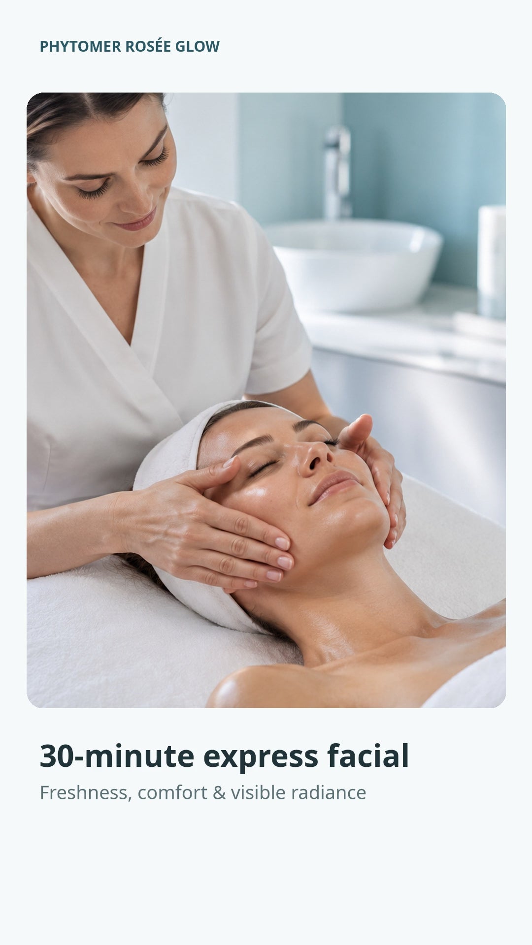 Professional PHYTOMER Rosée Glow 30-minute express facial reel showing treatment application, scrub-to-oil exfoliation, facial massage, plasticising mask and the professional treatment collection for Beauty Collective Pro.