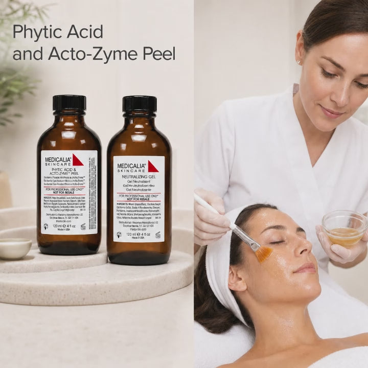 Medicalia Phytic Acid and Acto-Zyme Peel professional treatment system video showcasing Peel Prep Solution, Phytic Acid and Acto-Zyme Peel, Neutralizing Gel, treatment protocol, professional application, and complete in-clinic peel workflow for beauty and aesthetic professionals.