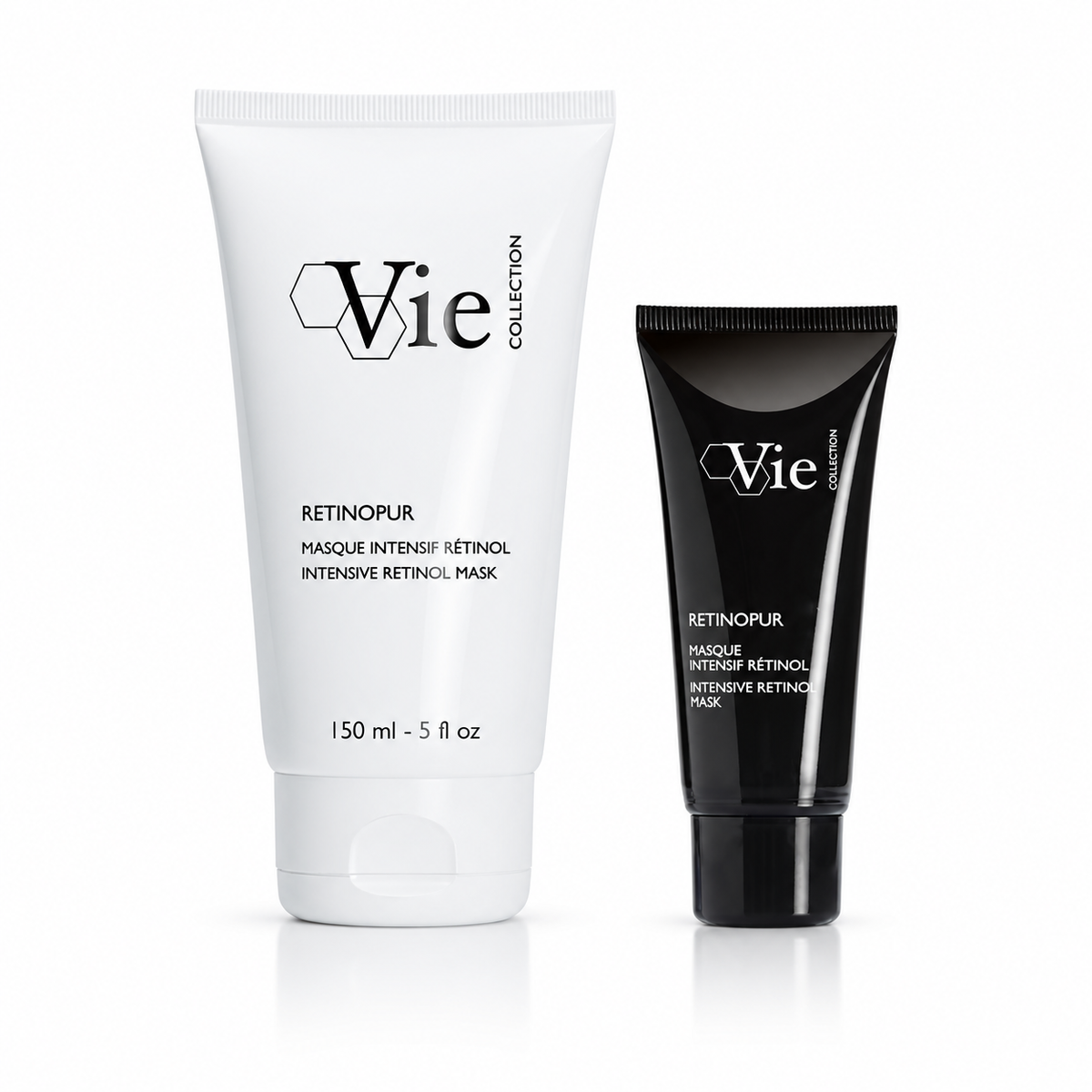 Retinopur Intensive Retinol Mask Prof. Use 150ml and Retail 50ml shown together on a clean white background