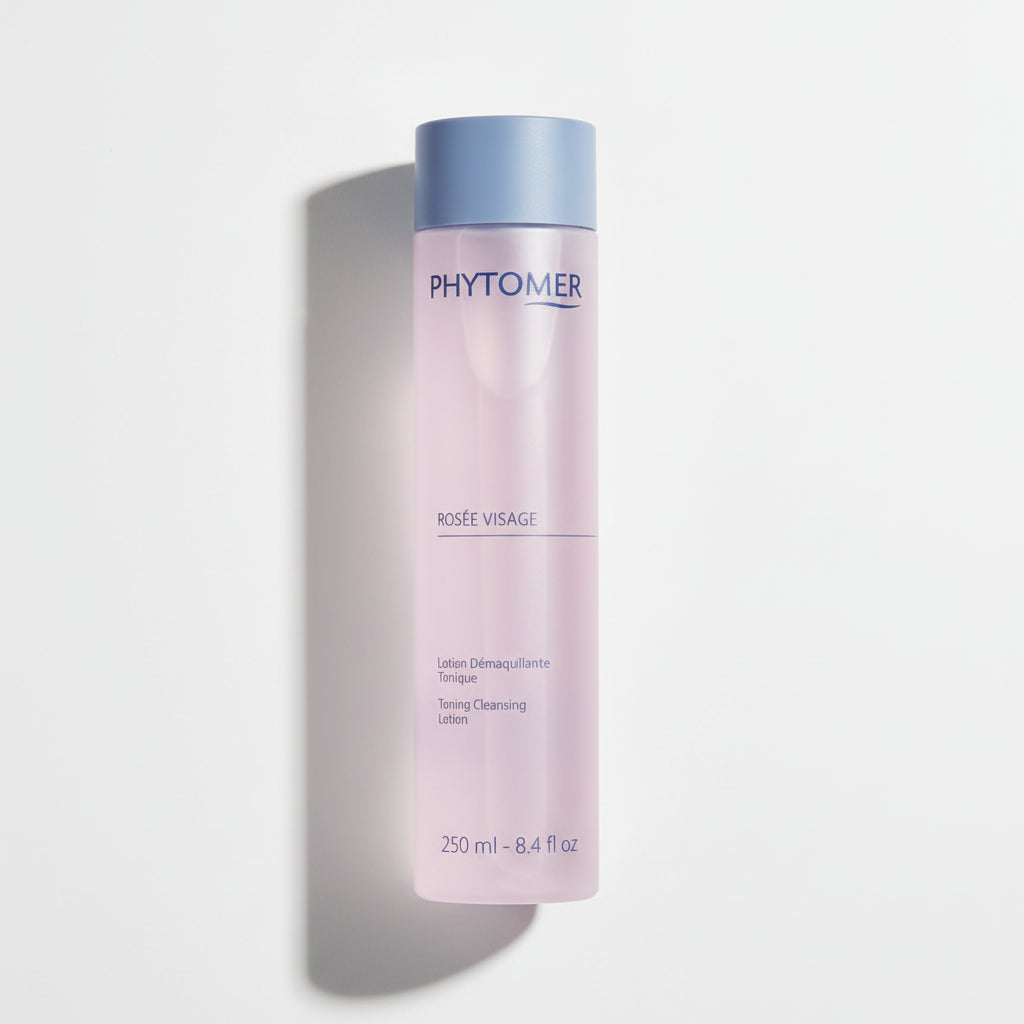 A bottle of Phytomer Rosee Visage Toning Cleansing Lotion, 250ml, with a pink label and blue cap.