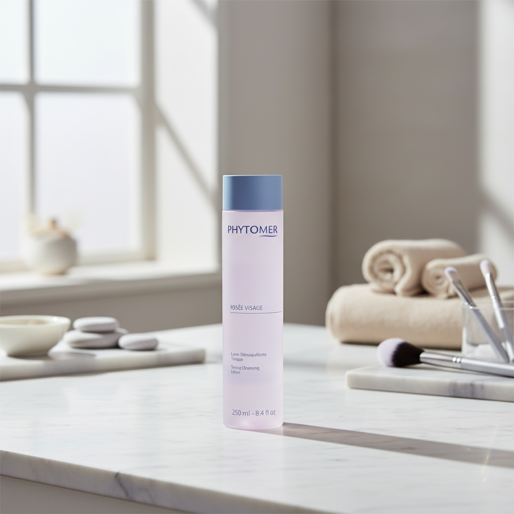 Skincare bottle on a marble surface with towels and brushes in the background