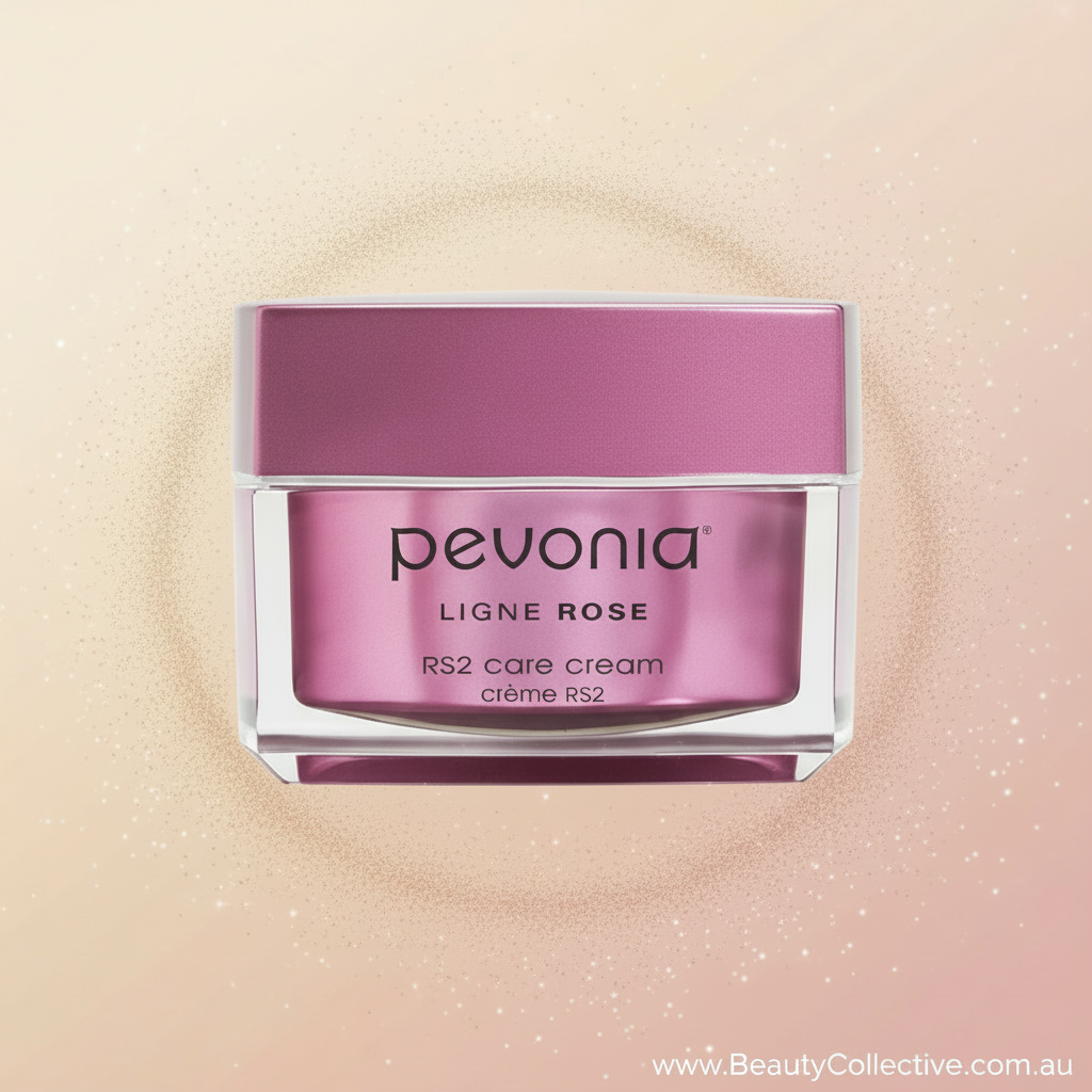 Pevonia RS2 care cream jar on a beige background