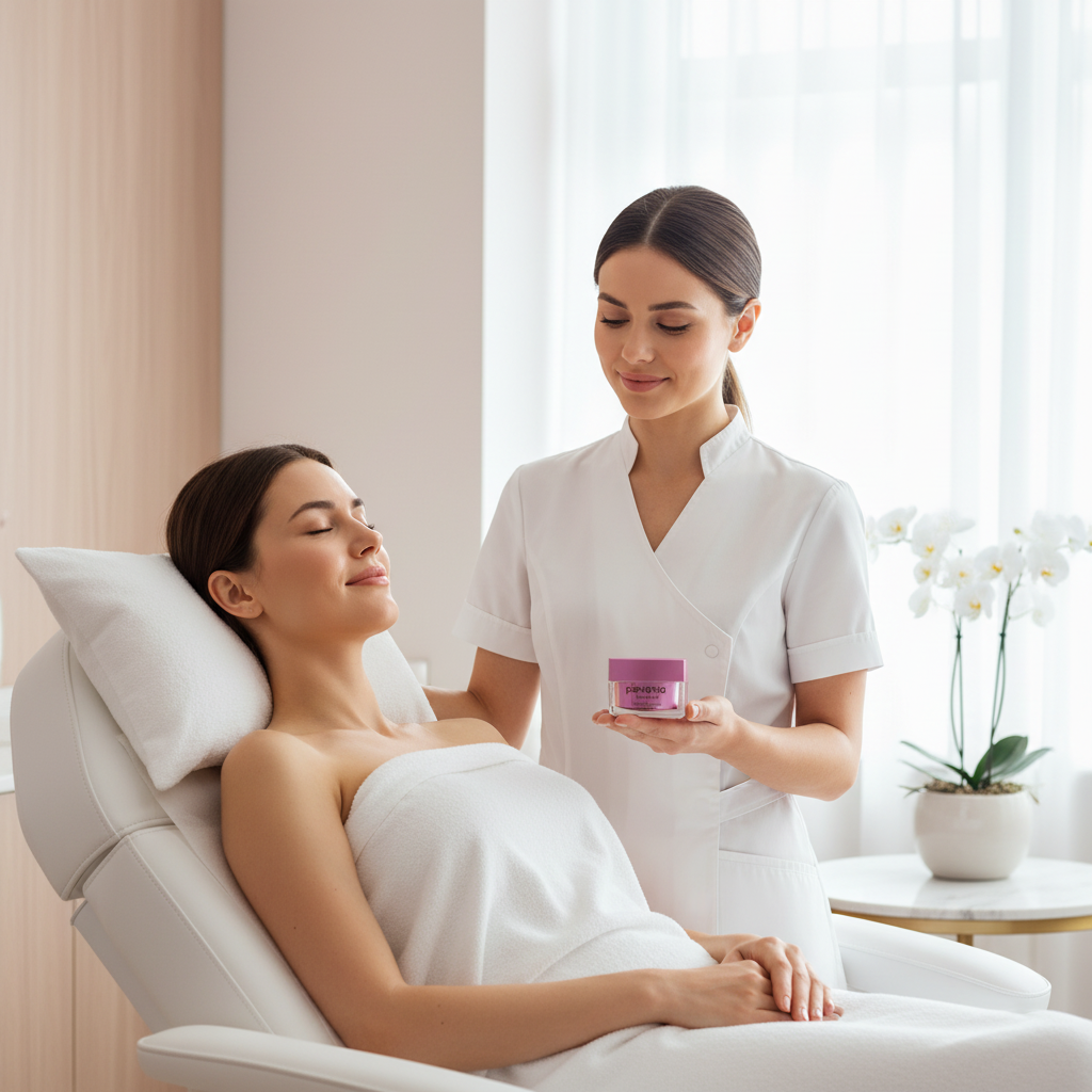 Woman receiving a facial treatment in a spa setting with a therapist holding a skincare product.