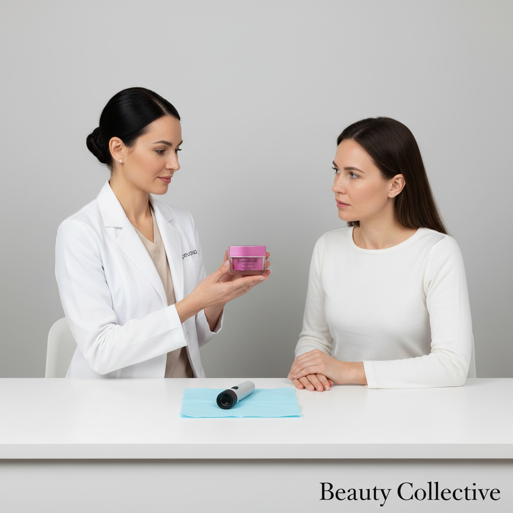 Woman receiving skincare product from a professional in a clinical setting with 'Beauty Collective' branding.
