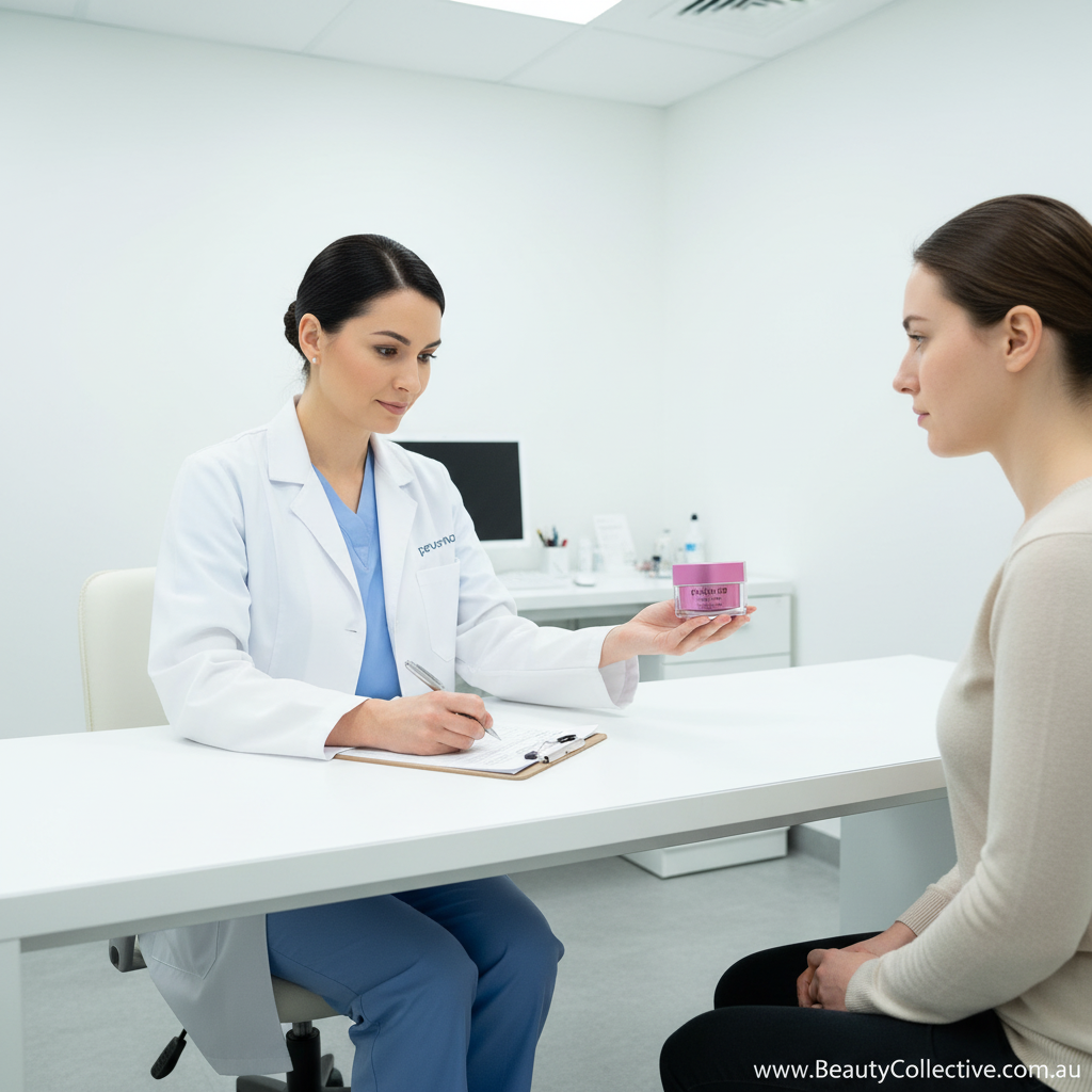 Doctor in a white coat holding a pink container and talking to a patient in a clinical setting.