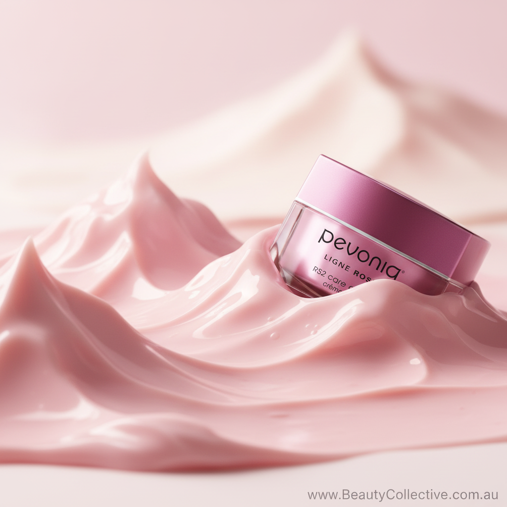 Pevonia cream jar on a pink swirled background