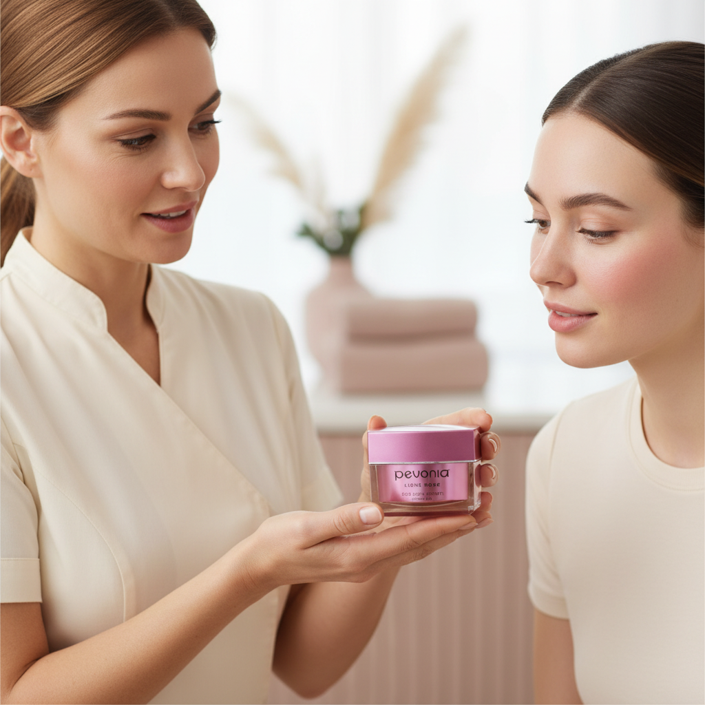 Two women looking at a pink jar of Pevonia product in a softly lit room.