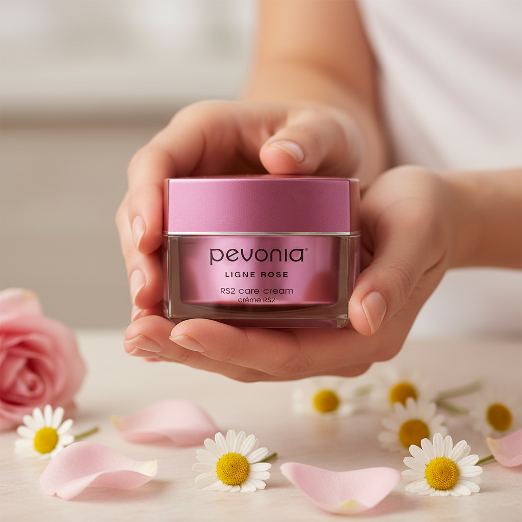 Hand holding a pink Pevonia jar with flowers and petals on a light background