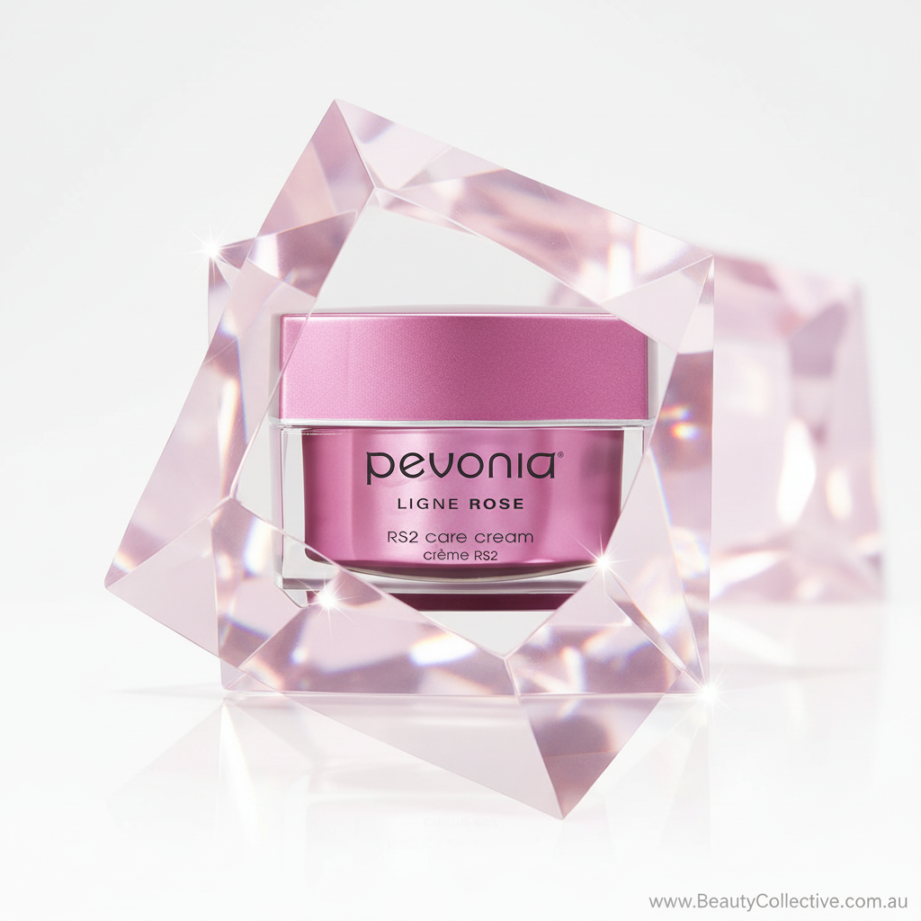 Pevonia cream in a pink container with a diamond-like frame on a white background