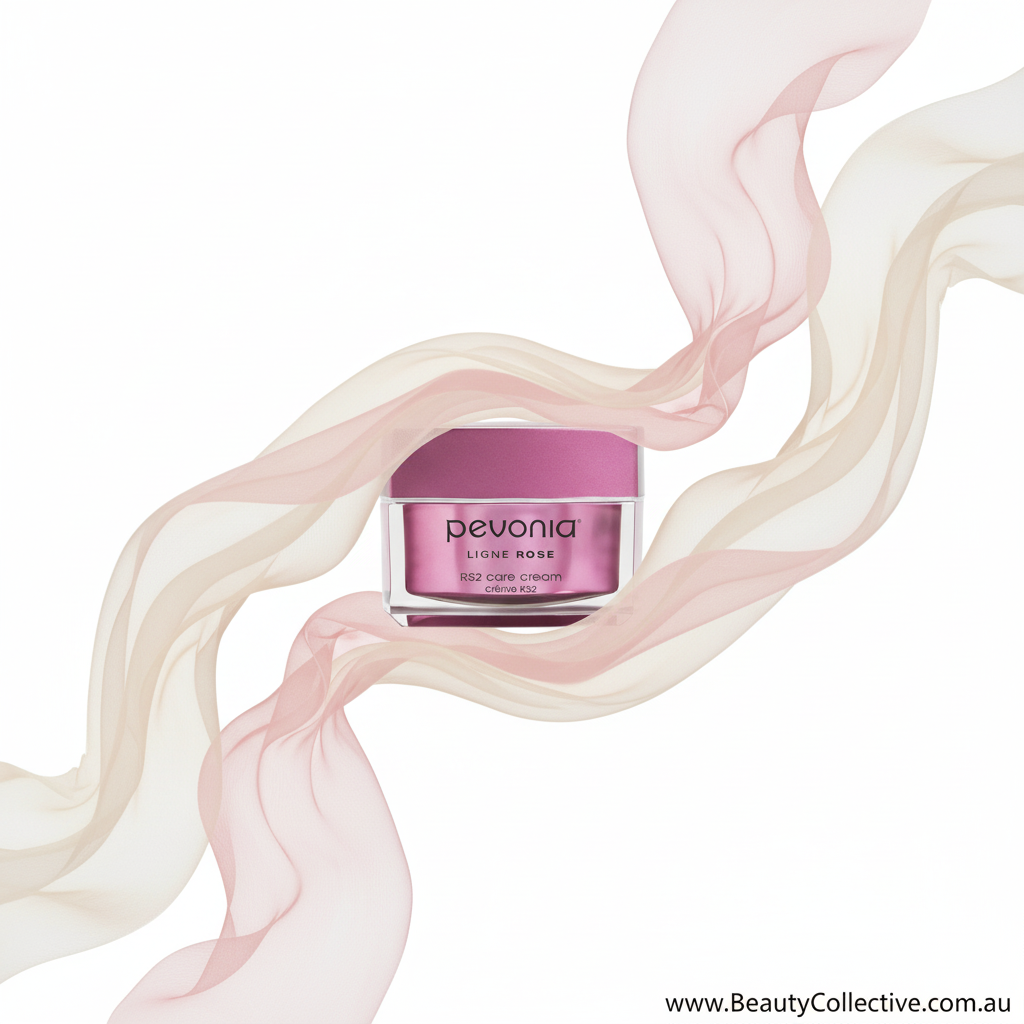 Pink Pevonia cream jar with decorative ribbons on a white background