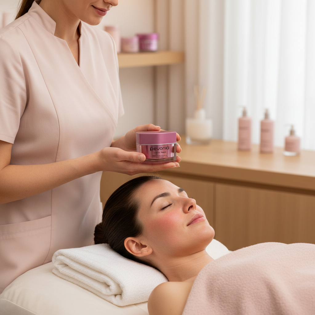 Woman receiving a facial treatment with a skincare product in a spa setting