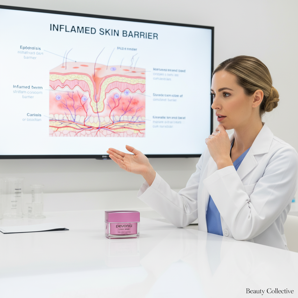Woman in a white coat explaining an inflamed skin barrier diagram with a container of pevnova on a table.