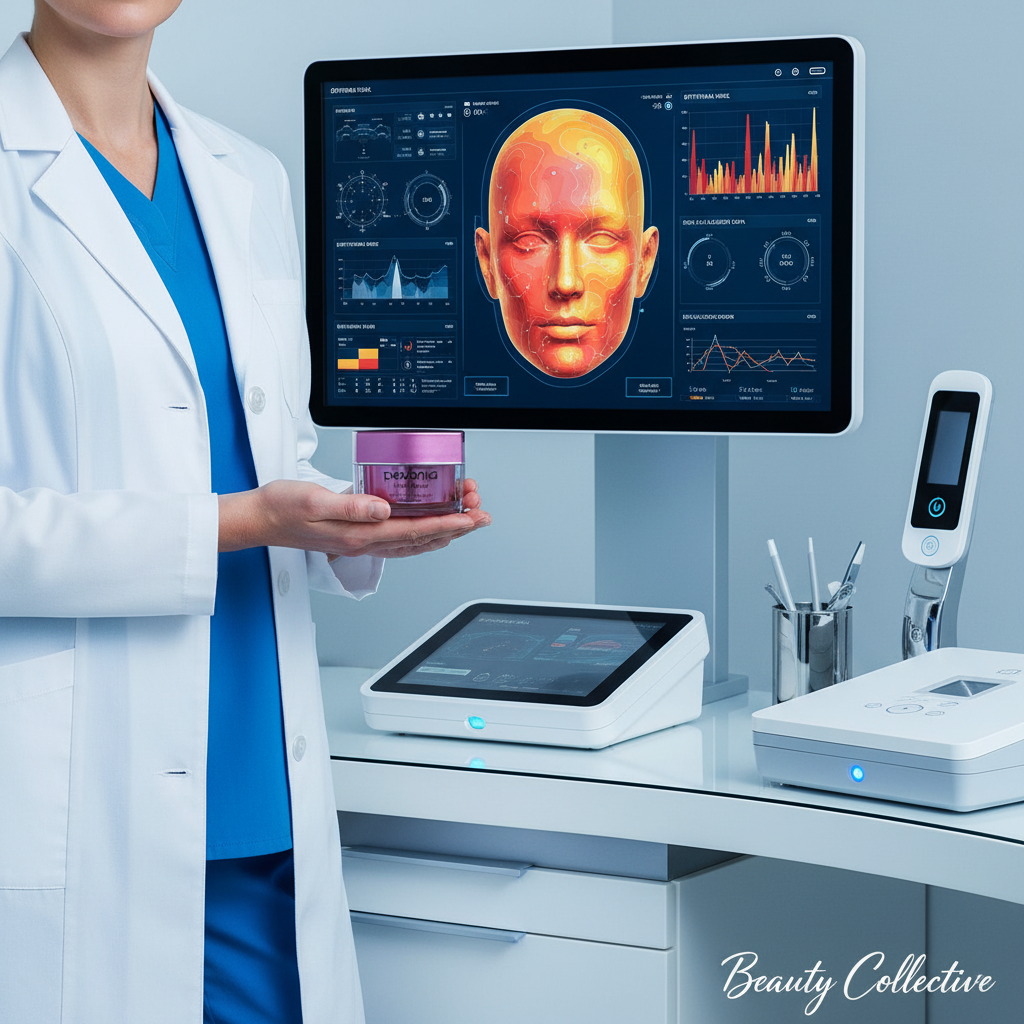 Person in a lab coat holding a product with a computer screen displaying a thermal map of a face.
