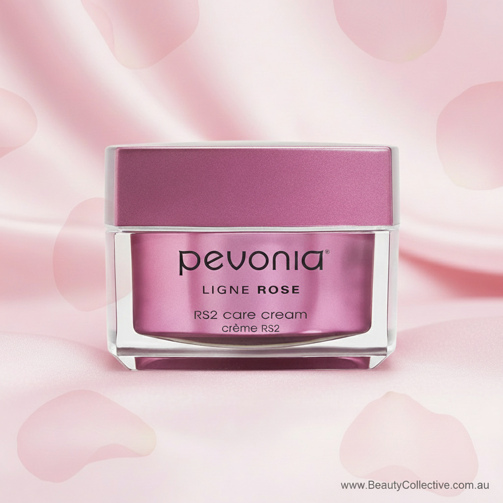 Pevonia RS2 care cream jar on a pink background