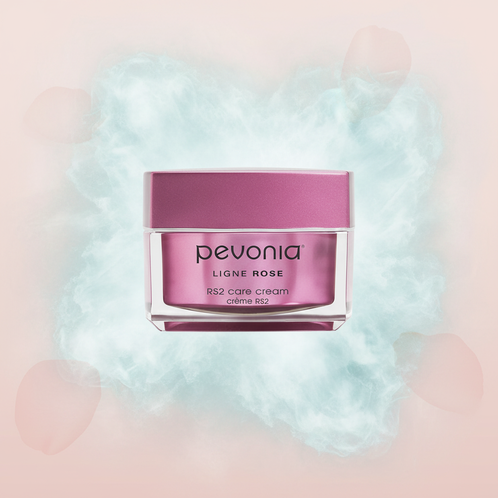 Pink Pevonia cream jar on a soft, blurred background