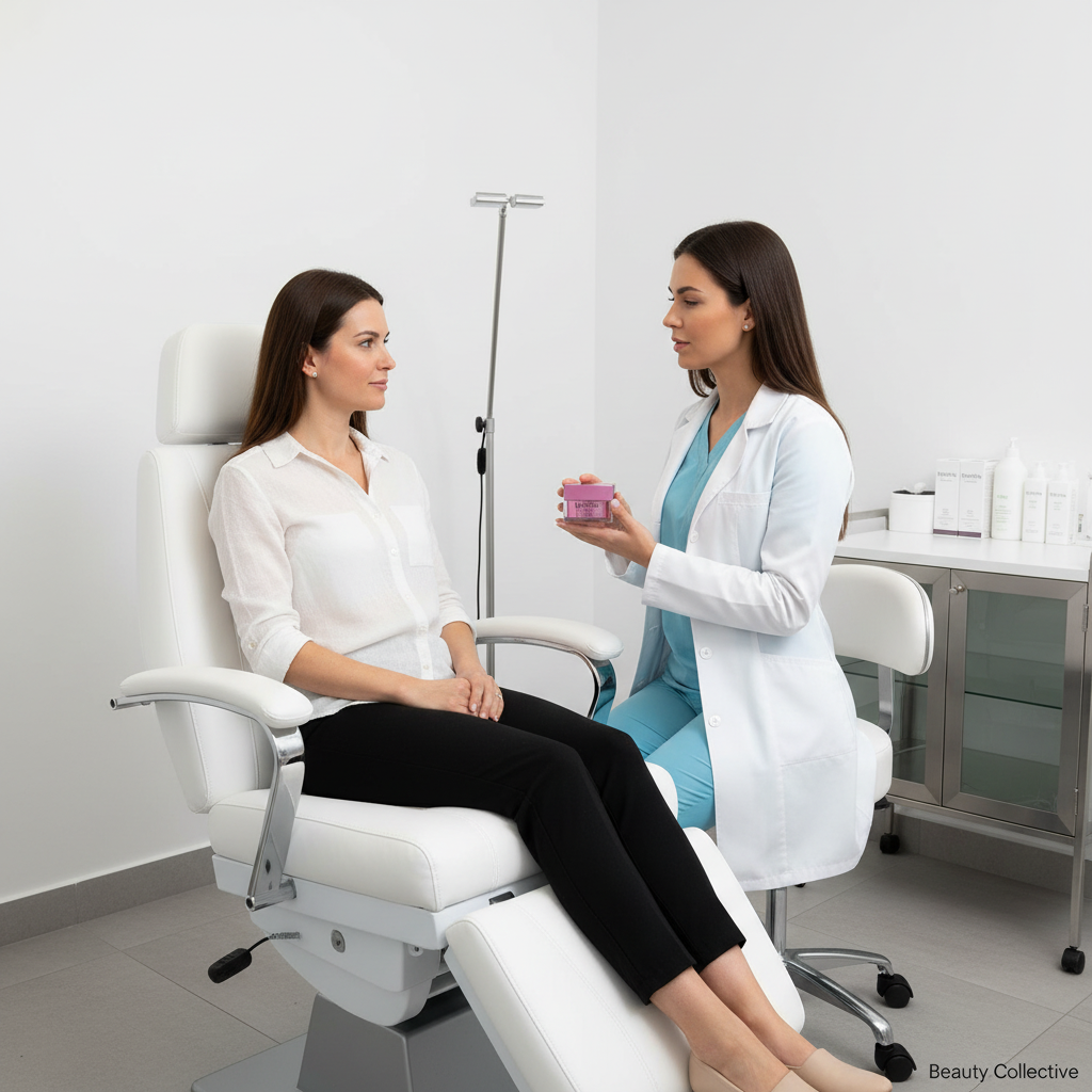 Woman receiving a facial treatment from a professional in a clinical setting.