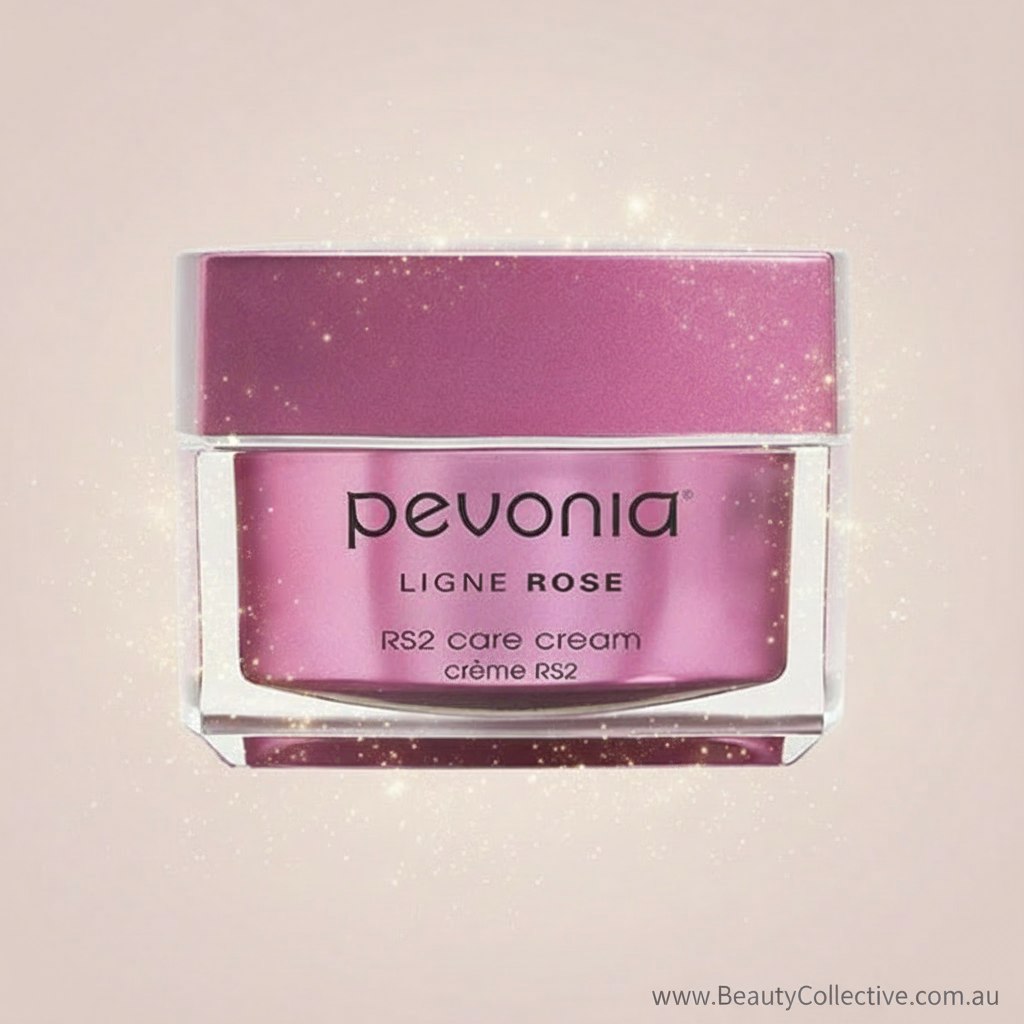 Pevonia RS2 care cream jar with pink lid on a light pink background