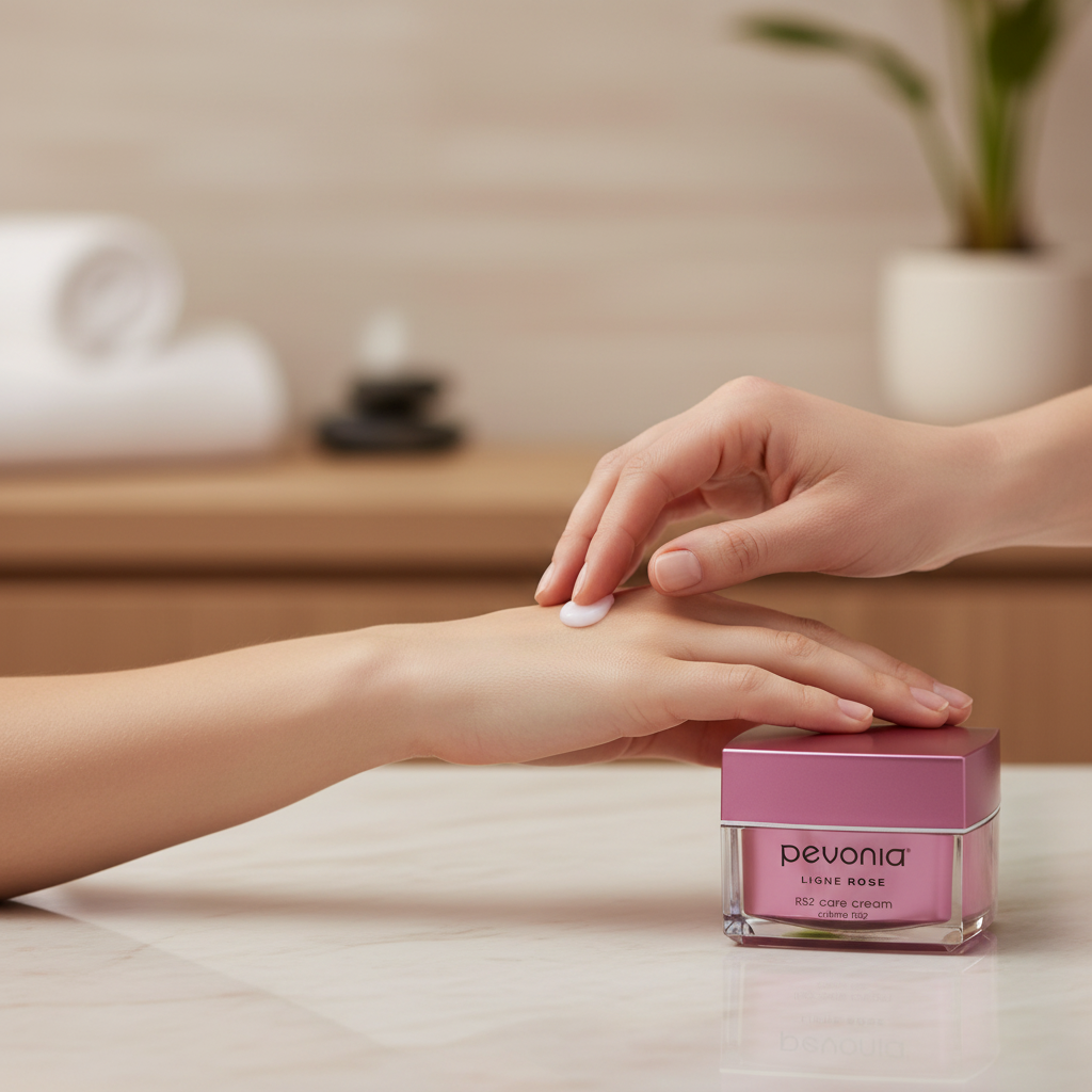 Person applying cream to their hand with a Pevonia bottle in the foreground.