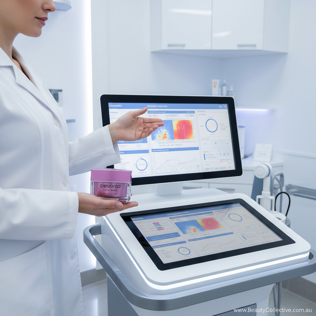 Person in a lab coat interacting with a skincare device and computer screen displaying skincare analysis.