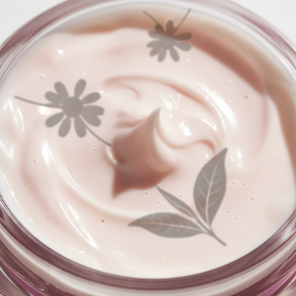 Close-up of a pink cream in a jar with floral designs on the lid.