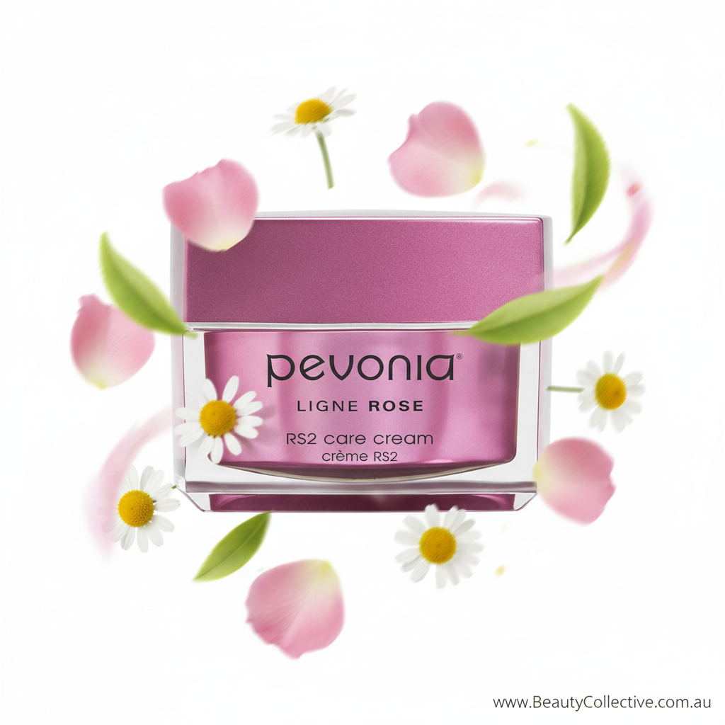 Pevonia RS2 care cream jar with flowers on a white background