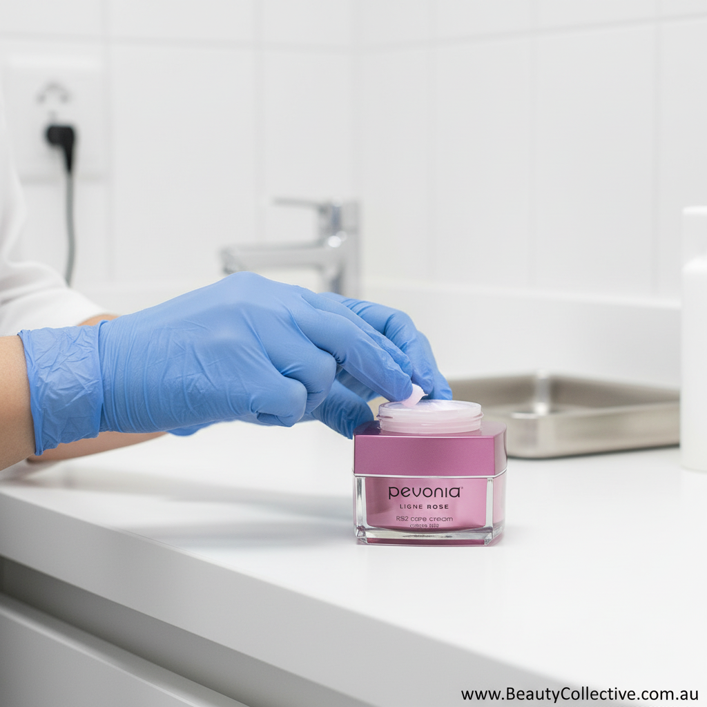 Person in blue gloves applying cream to a pink jar labeled 'Pevonia' on a white surface.