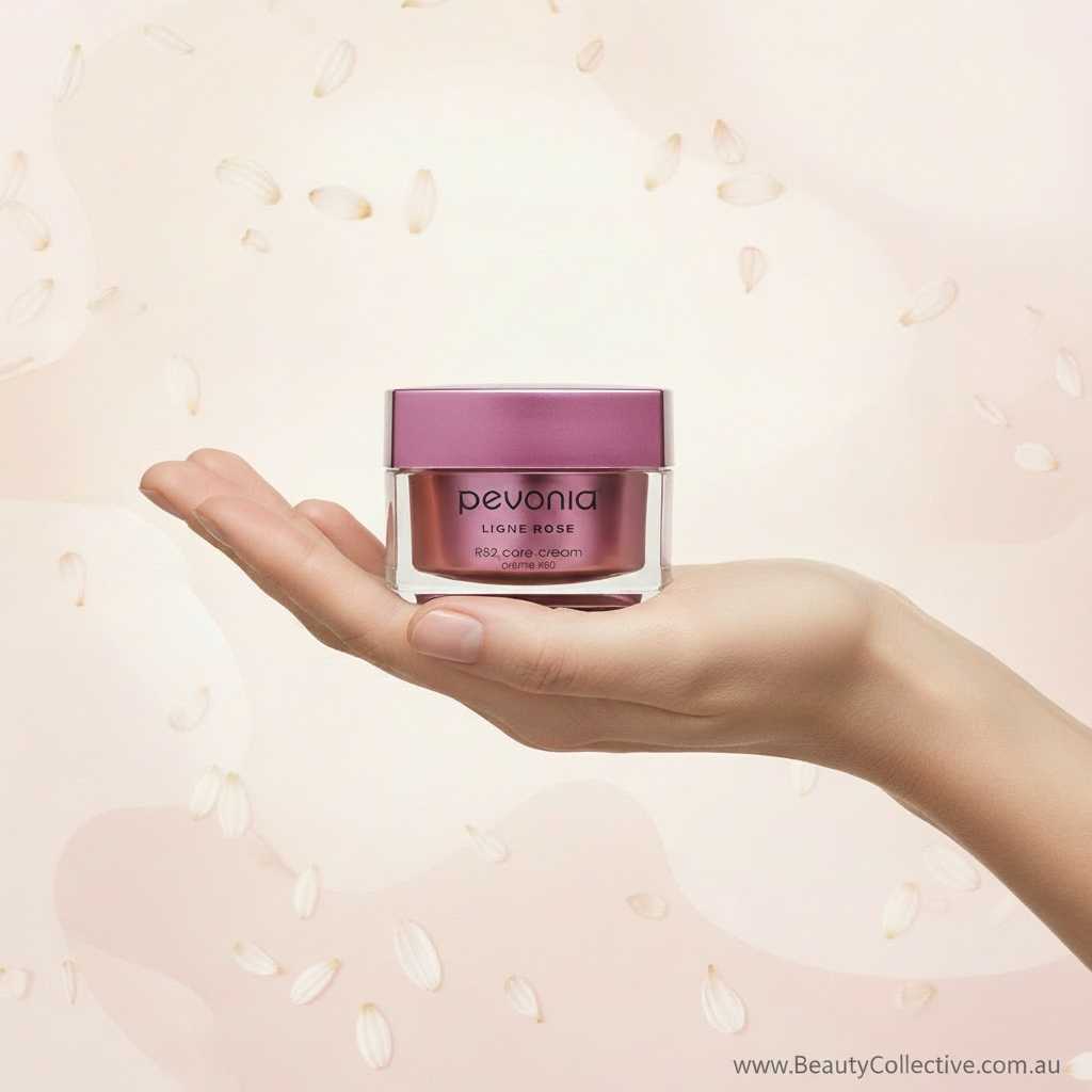 Hand holding a Pevonia cream jar against a soft pink background