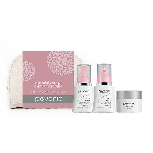 Pevonia RS2 Rosacea Skin Starter Kit, including RS2 Gentle Cleanser, Gentle Lotion, and Care Cream, displayed with a pink and white box and a carry-on approved bag.