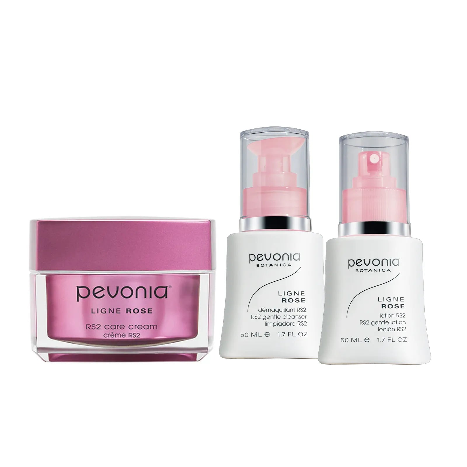 Pevonia skincare products including a jar and two bottles on a white background