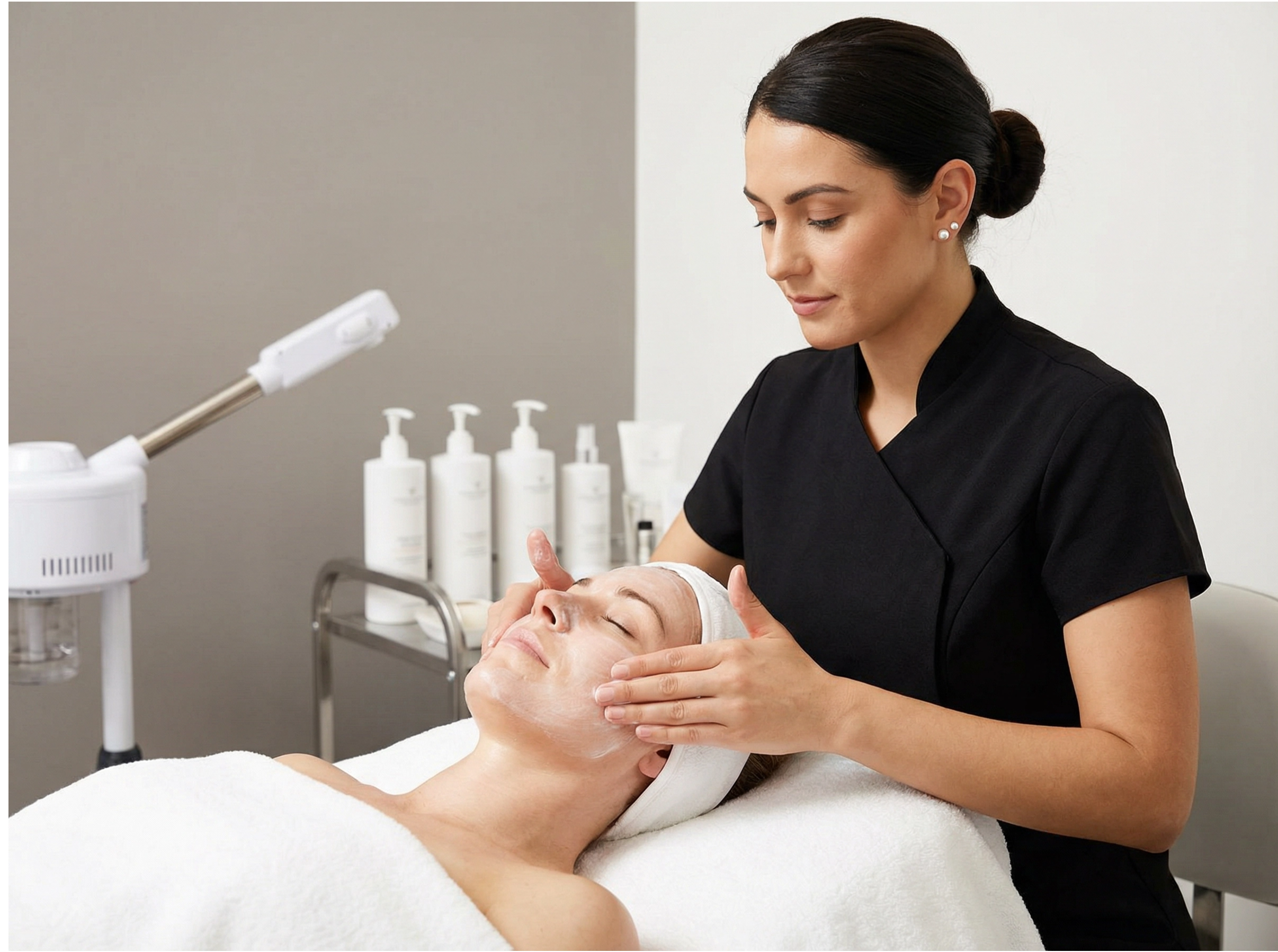 Woman receiving a facial treatment in a spa setting.