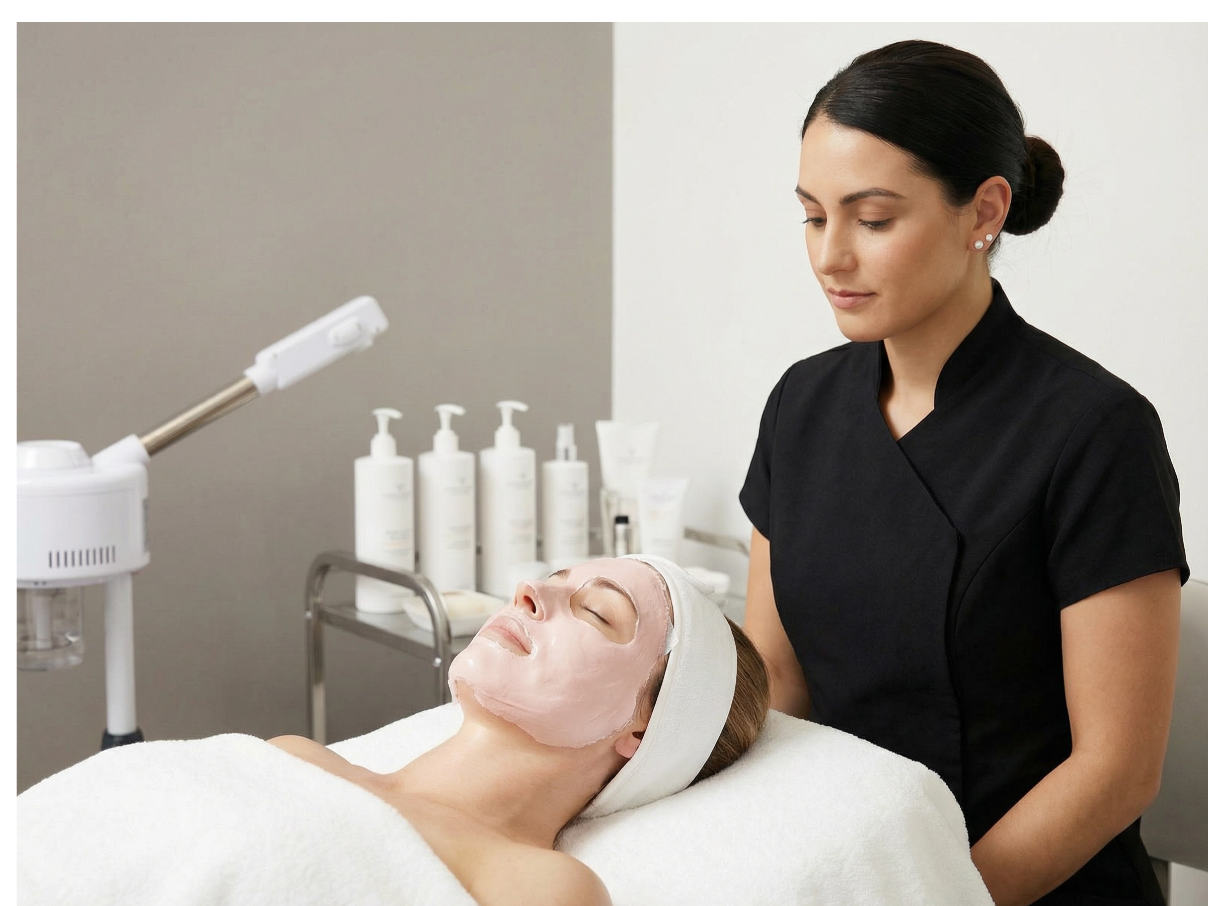 Woman receiving a facial treatment in a spa setting with a professional.