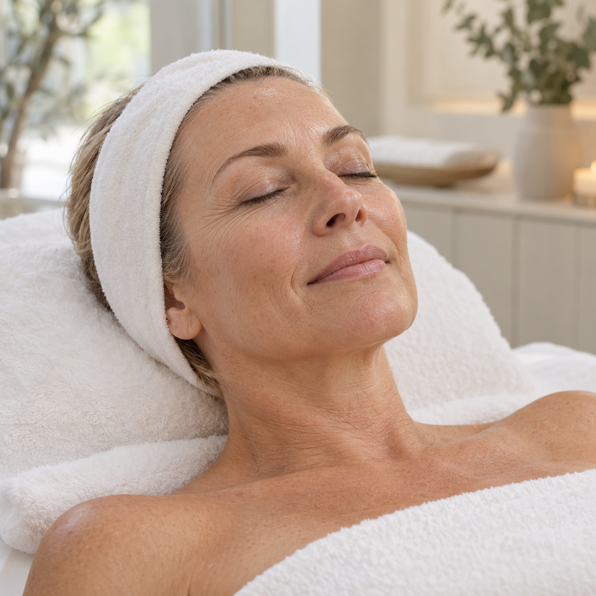 Woman resting in a professional facial treatment setting; illustrative SkinFit treatment scene.