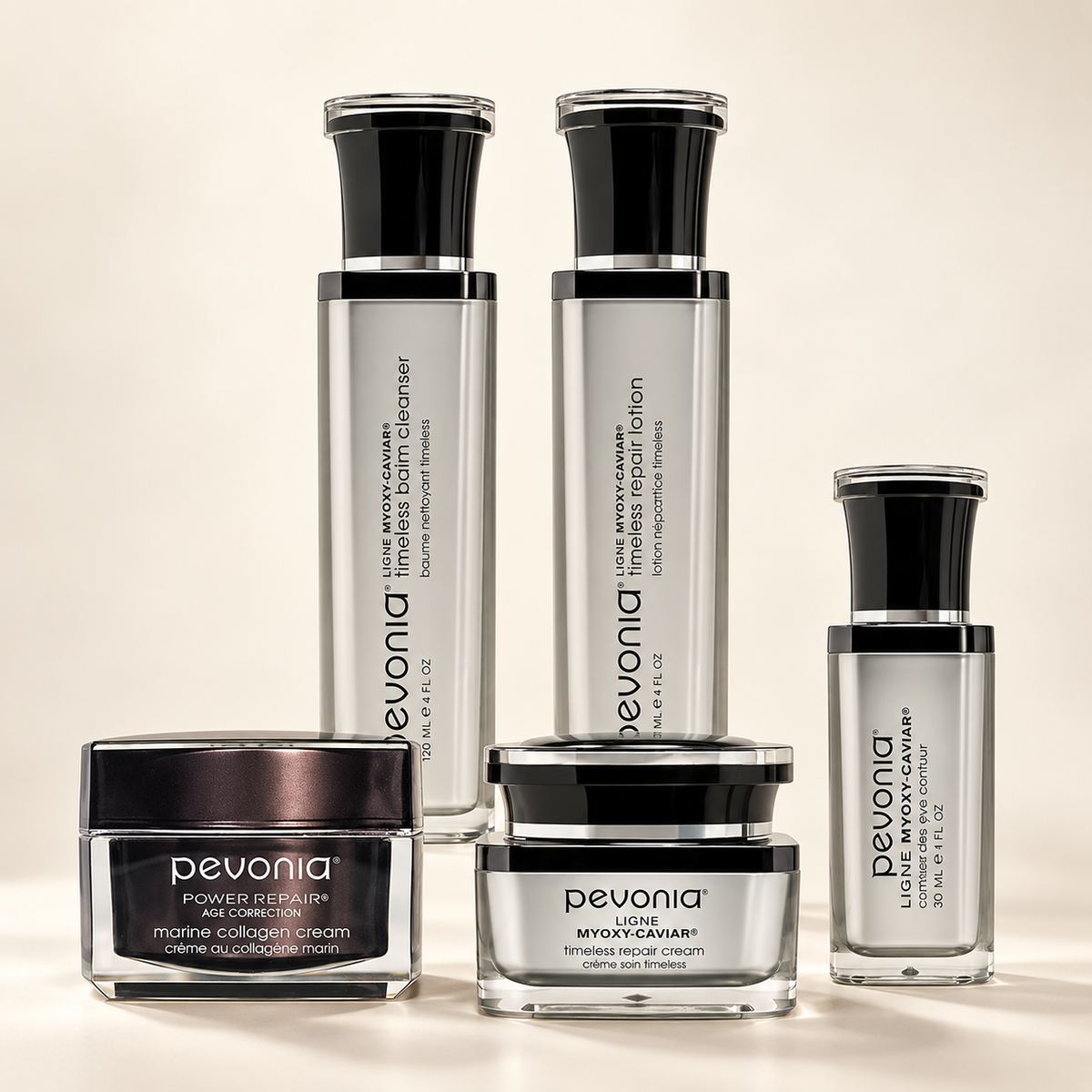 Women’s Pevonia retail homecare: MyOxy Caviar cleanser, lotion and eye contour, with Marine Collagen Cream and MyOxy Repair Cream shown as moisturiser alternatives.