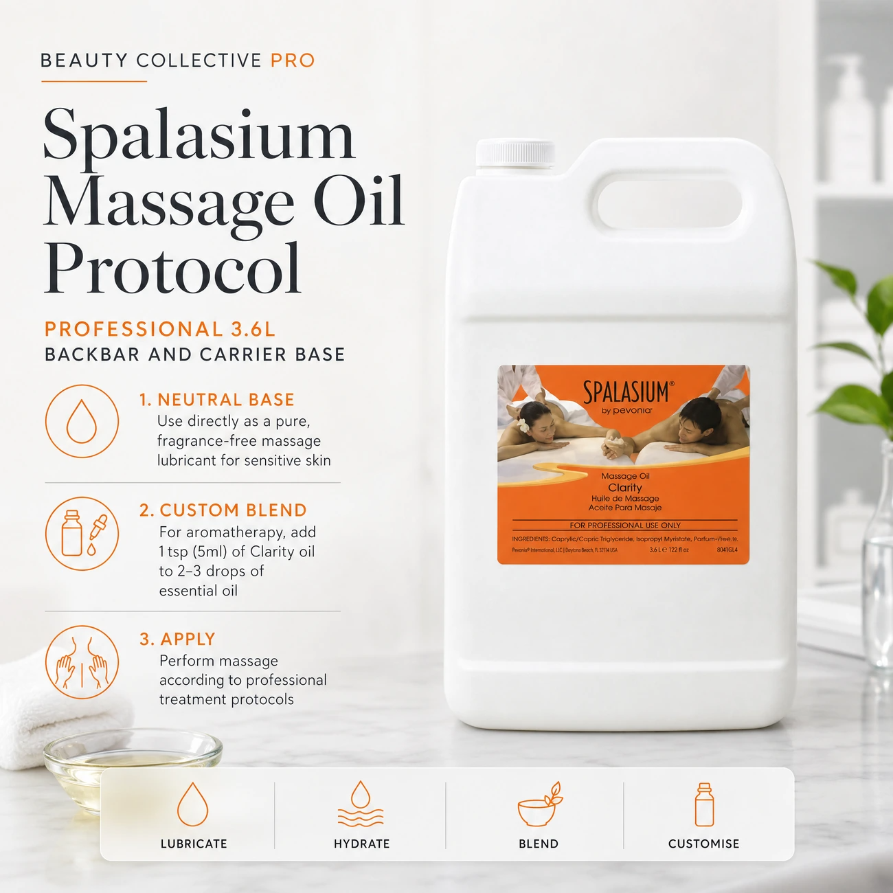 Spalasium Massage Oil Clarity Unscented 3.6L clinic-use education image detailing the professional 3-step neutral base use and custom aromatherapy blending protocol.