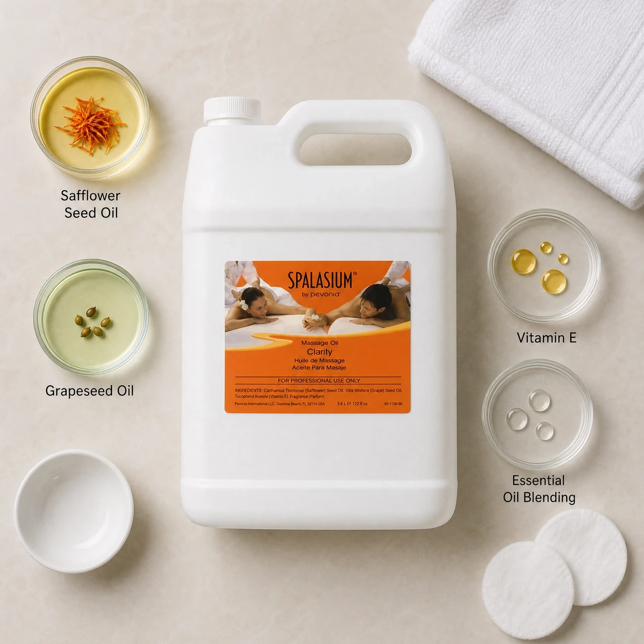 Spalasium Massage Oil Clarity Unscented 3.6L ingredients flatlay with safflower seed oil, grapeseed oil, Vitamin E, and essential oil bottles in clean glass petri dishes for B2B education.