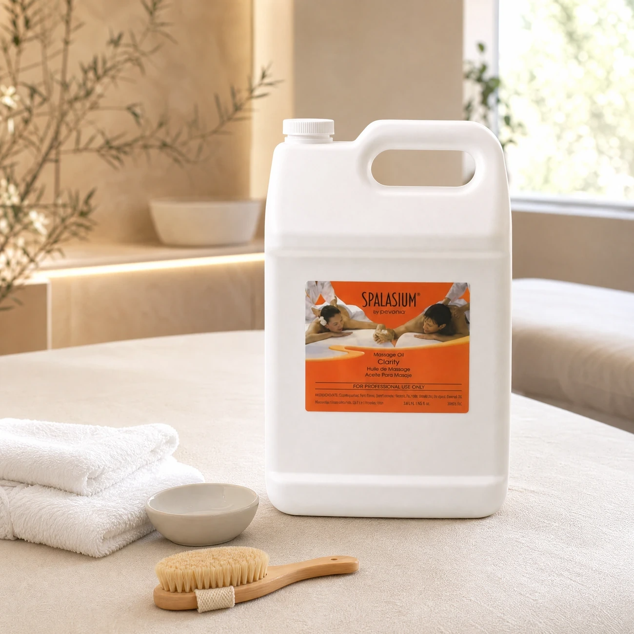 Spalasium Massage Oil Clarity Unscented 3.6L professional jug styled in a serene luxury day spa massage treatment room for Beauty Collective Pro.