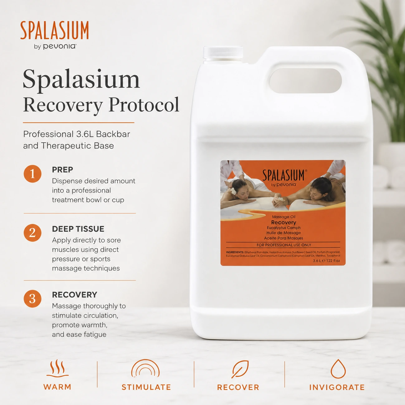 Spalasium Massage Oil Recovery 3.6L clinic-use education image detailing the professional 3-step prep, deep tissue application, and muscular recovery protocol.