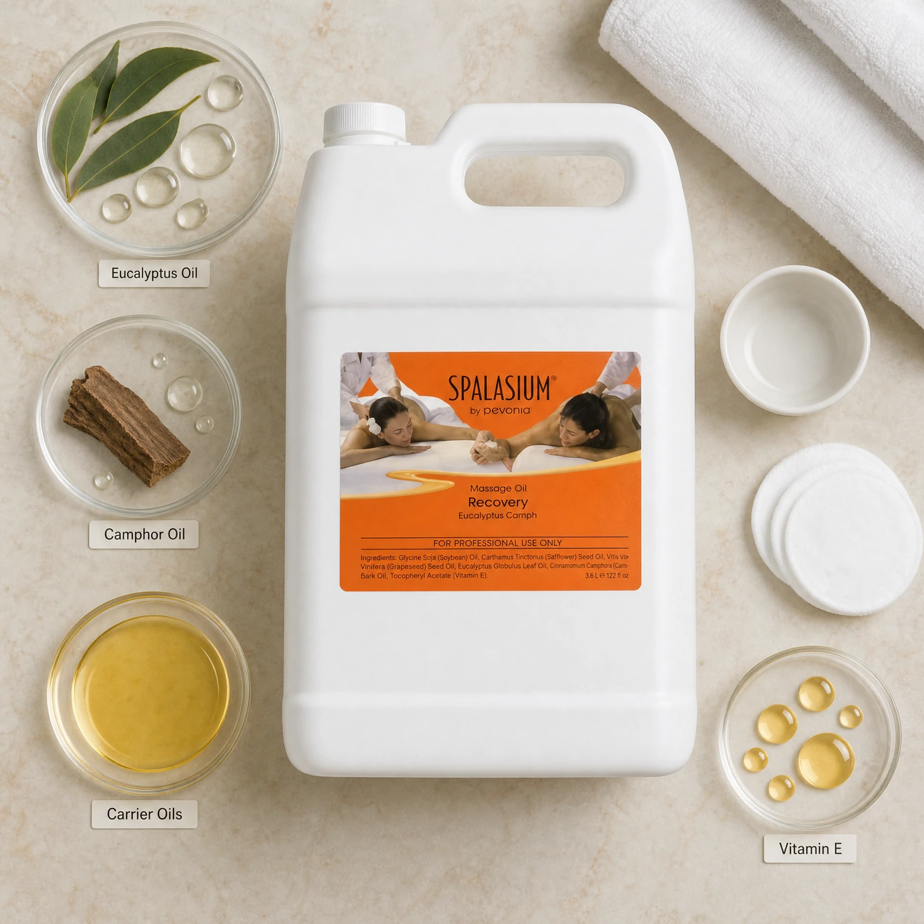 Spalasium Massage Oil Recovery 3.6L ingredients flatlay with eucalyptus leaves, camphor bark, carrier oils, and Vitamin E in clean glass petri dishes for professional B2B education.