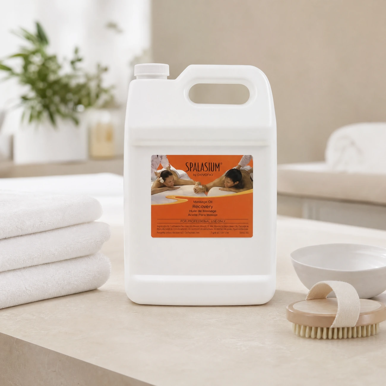 Spalasium Massage Oil Recovery 3.6L professional jug styled in a serene luxury day spa massage treatment room for Beauty Collective Pro.