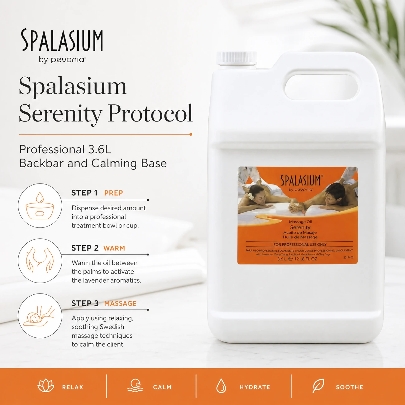 Spalasium Massage Oil Serenity 3.6L clinic-use education image detailing the professional 3-step prep, warming, and relaxing massage protocol.