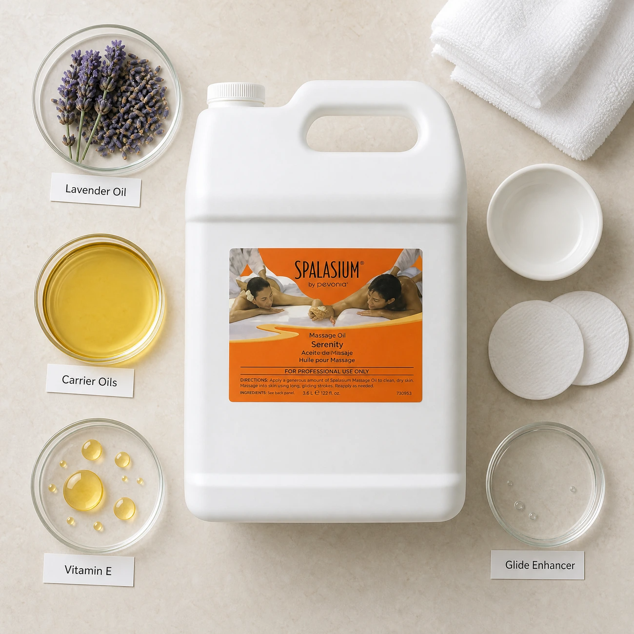 Spalasium Massage Oil Serenity 3.6L ingredients flatlay with lavender blossoms, carrier oils, Vitamin E, and glide enhancer in clean glass petri dishes for professional B2B education.