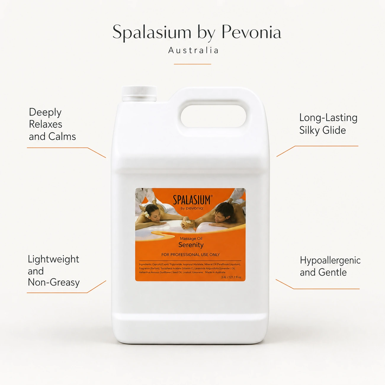 Spalasium Massage Oil Serenity 3.6L benefit callout image highlighting deep relaxation, long-lasting glide, lightweight texture, and hypoallergenic formula.