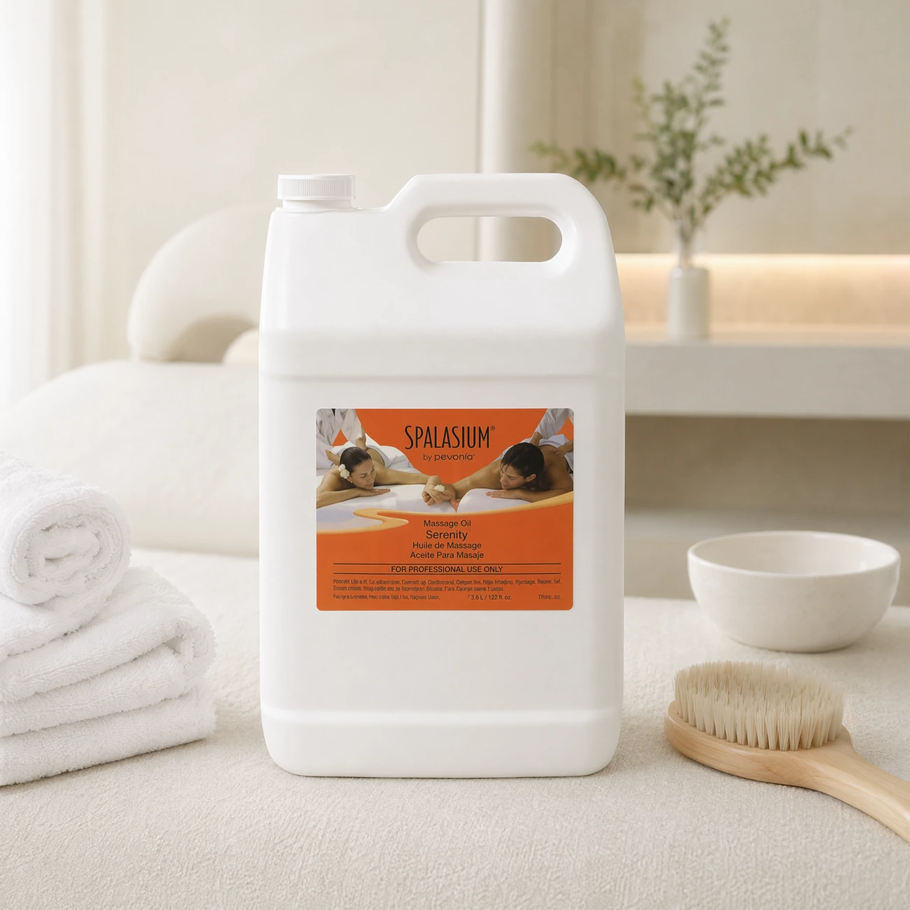 Spalasium Massage Oil Serenity 3.6L professional jug styled in a serene luxury day spa massage treatment room for Beauty Collective Pro.