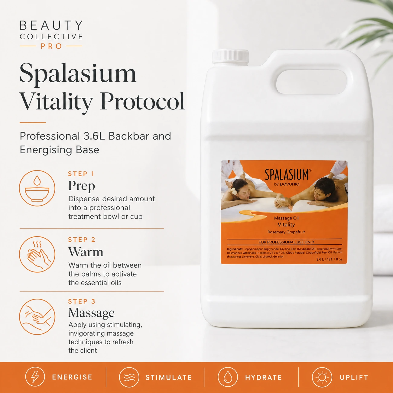 Spalasium Massage Oil Vitality 3.6L clinic-use education image detailing the professional 3-step prep, warming, and stimulating massage protocol.
