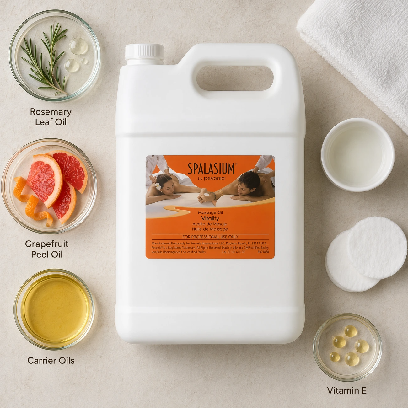 Spalasium Massage Oil Vitality 3.6L ingredients flatlay with rosemary sprigs, pink grapefruit slices, carrier oils, and Vitamin E in clean glass petri dishes for professional B2B education.