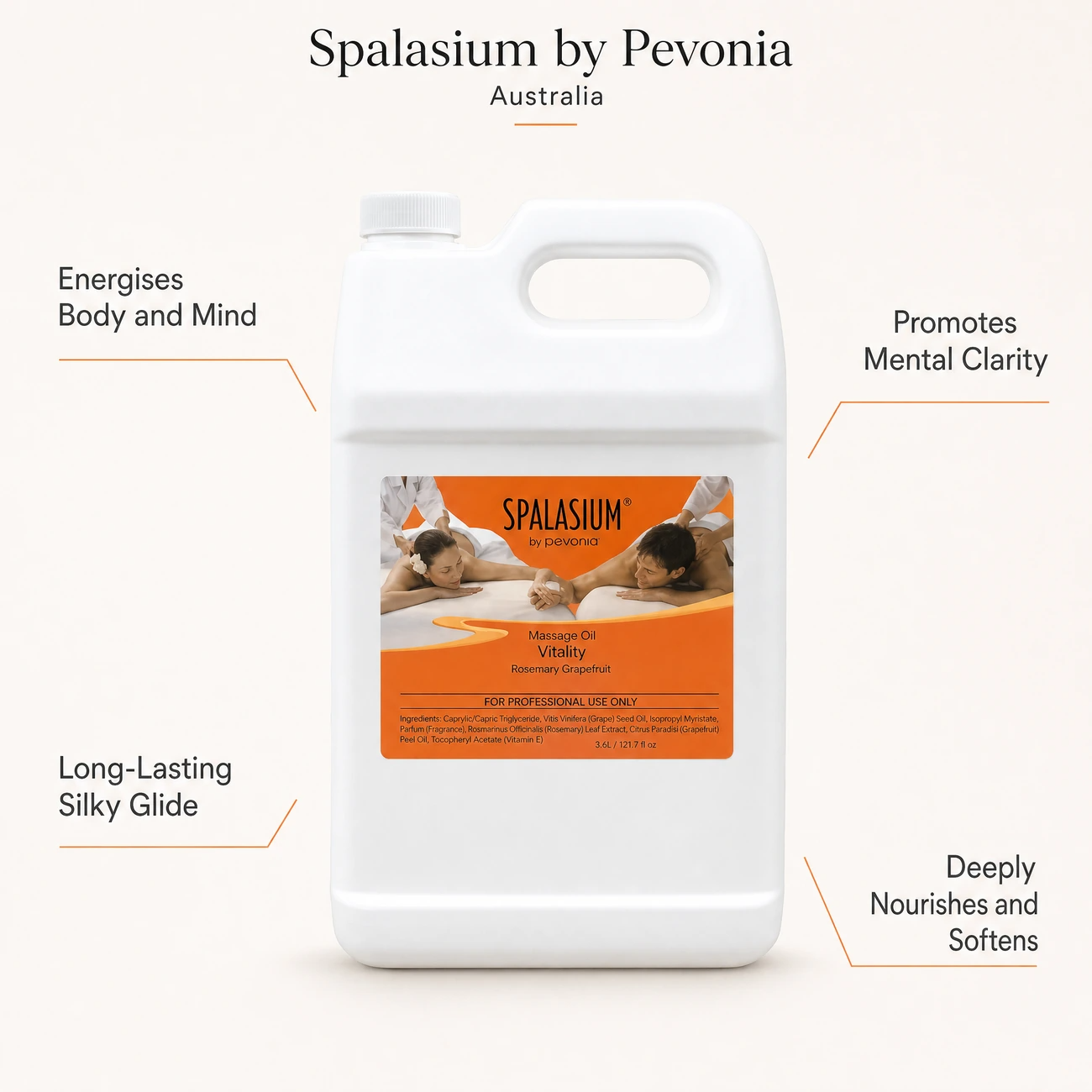 Spalasium Massage Oil Vitality 3.6L benefit callout image highlighting body energising, mental clarity, stimulating glide, and lipid nourishment.